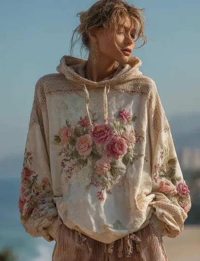 Pimiento - Suéter de mujer con capucha en estilo vintage barroco con estampado floral femenino