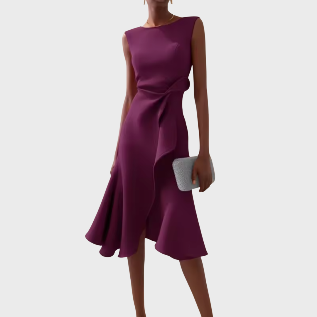 McKenna | Vestido midi femenino con drapeado y corte asimétrico