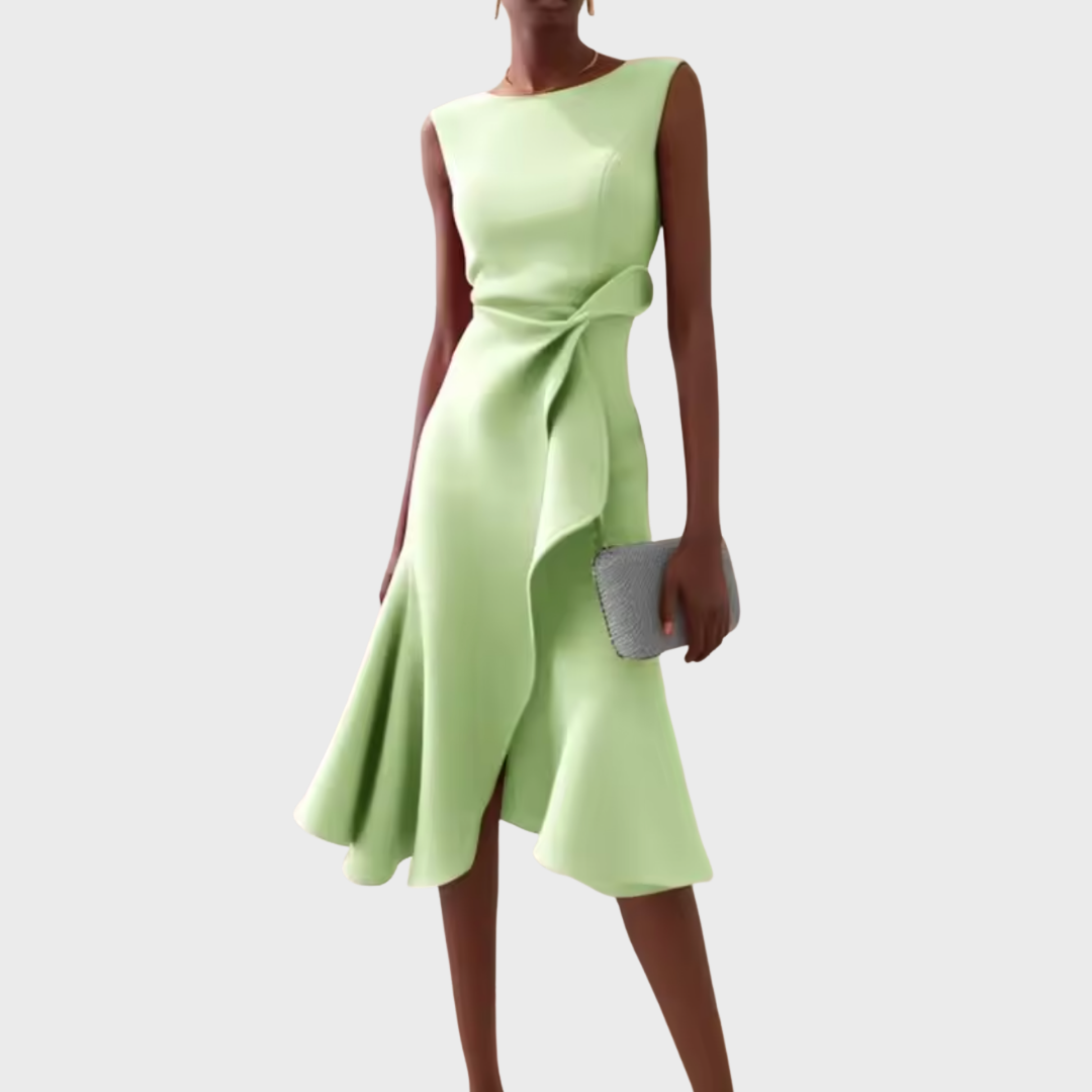 McKenna | Vestido midi femenino con drapeado y corte asimétrico