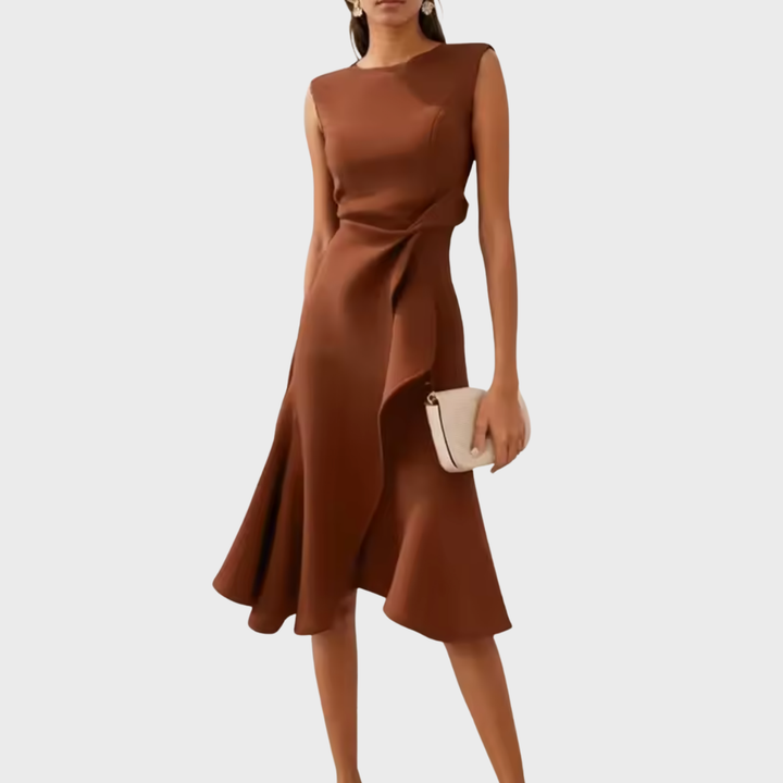 McKenna | Vestido midi femenino con drapeado y corte asimétrico