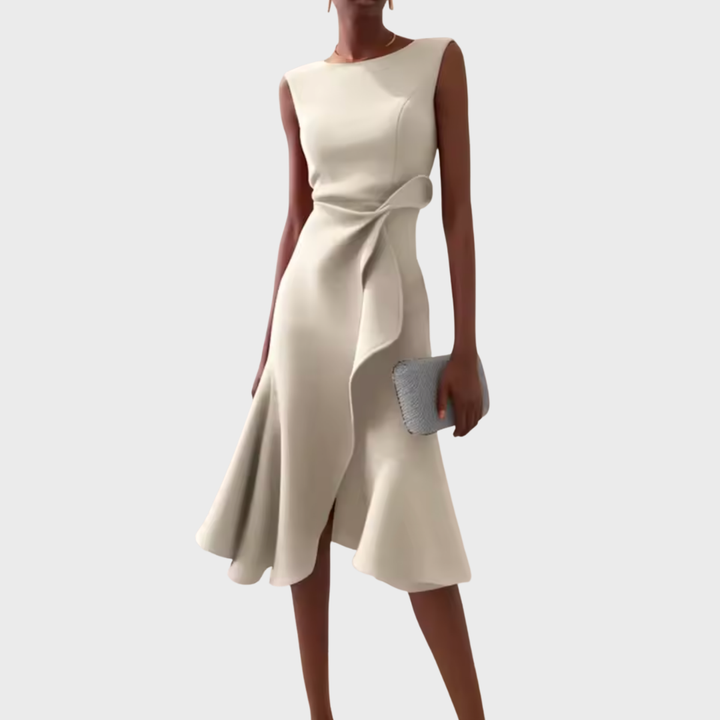 McKenna | Vestido midi femenino con drapeado y corte asimétrico