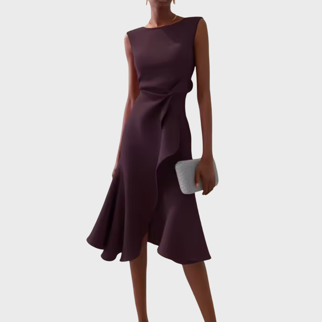 McKenna | Vestido midi femenino con drapeado y corte asimétrico