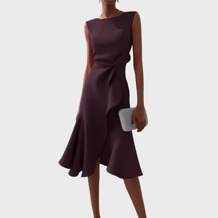 McKenna | Vestido midi femenino con drapeado y corte asimétrico