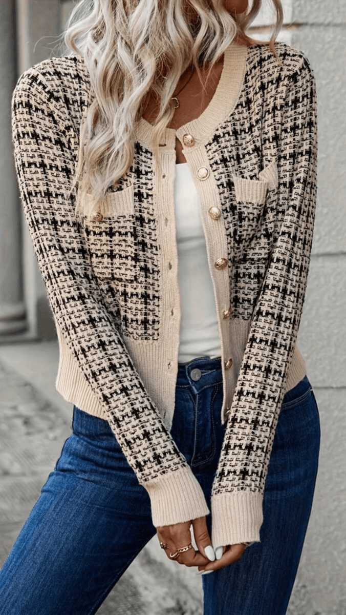 Marina | Cárdigan de punto para mujer con estampado de cuadros y botones