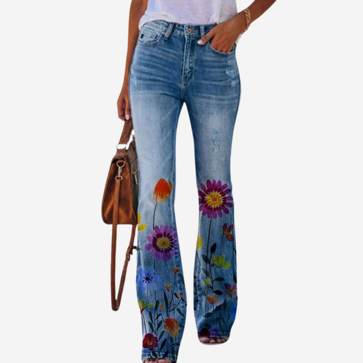 Oliwia - Pantalones de campana modernos con patrones florales y artísticos únicos