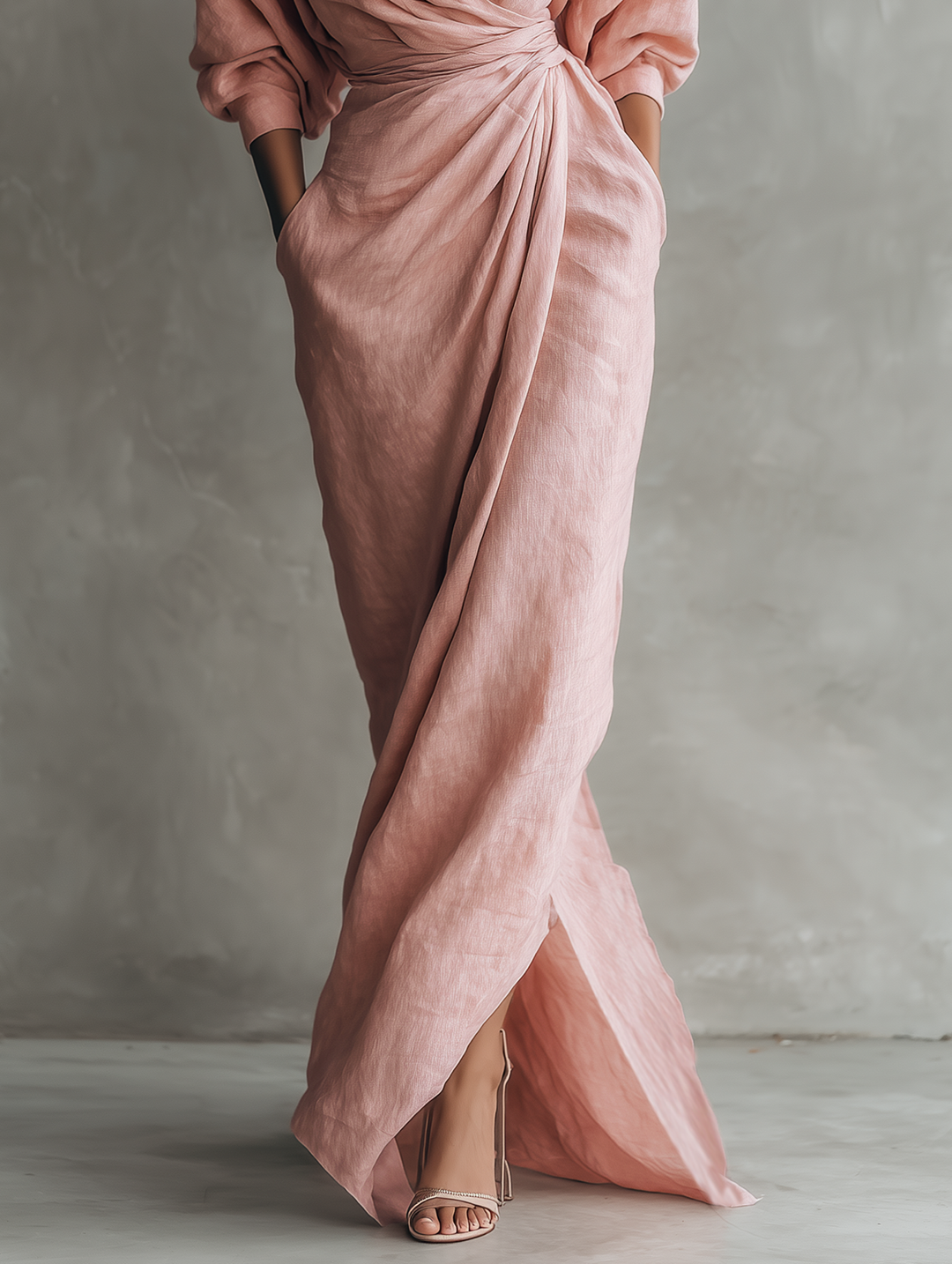 Rosamund | Vestido maxi femenino rosa minimalista de lino con escote