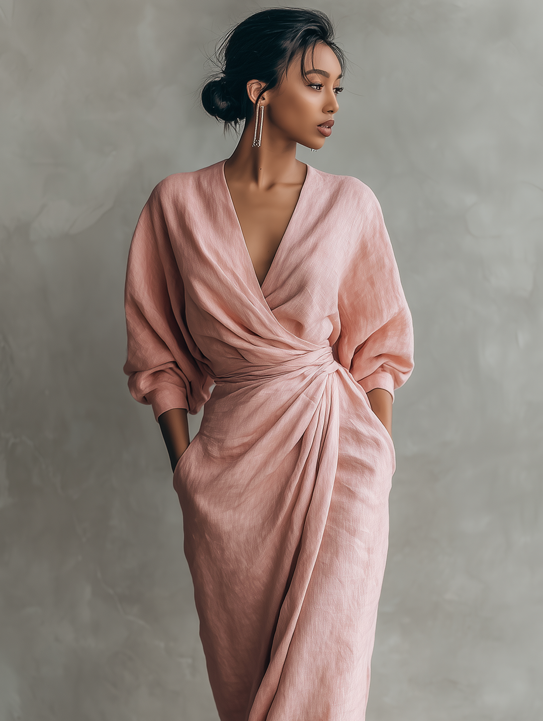 Rosamund | Vestido maxi femenino rosa minimalista de lino con escote
