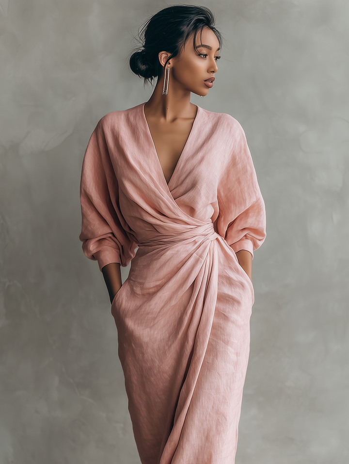 Rosamund | Vestido maxi femenino rosa minimalista de lino con escote