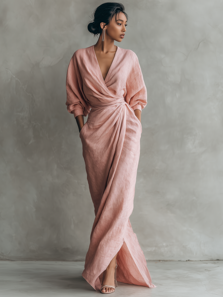 Rosamund | Vestido maxi femenino rosa minimalista de lino con escote