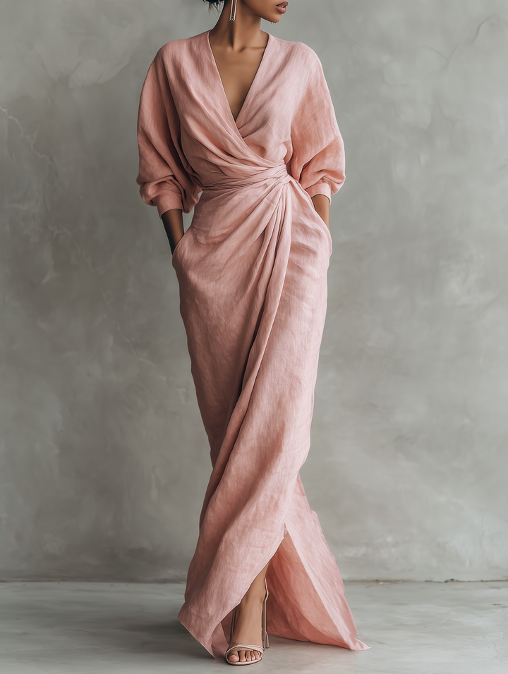 Rosamund | Vestido maxi femenino rosa minimalista de lino con escote