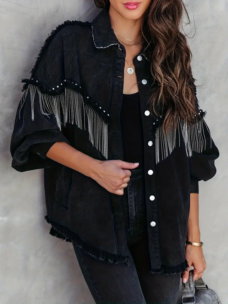 Avis | Chaqueta de mezclilla para mujer estilo western con flecos y tachuelas, diseño llamativo y moderno