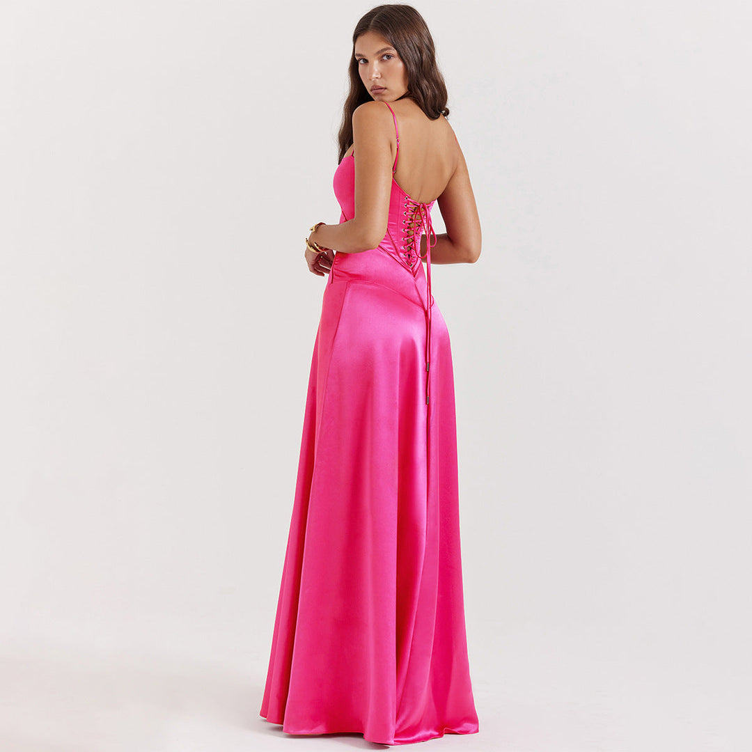 Olivia | Elegante vestido de satén maxi con atado en la espalda