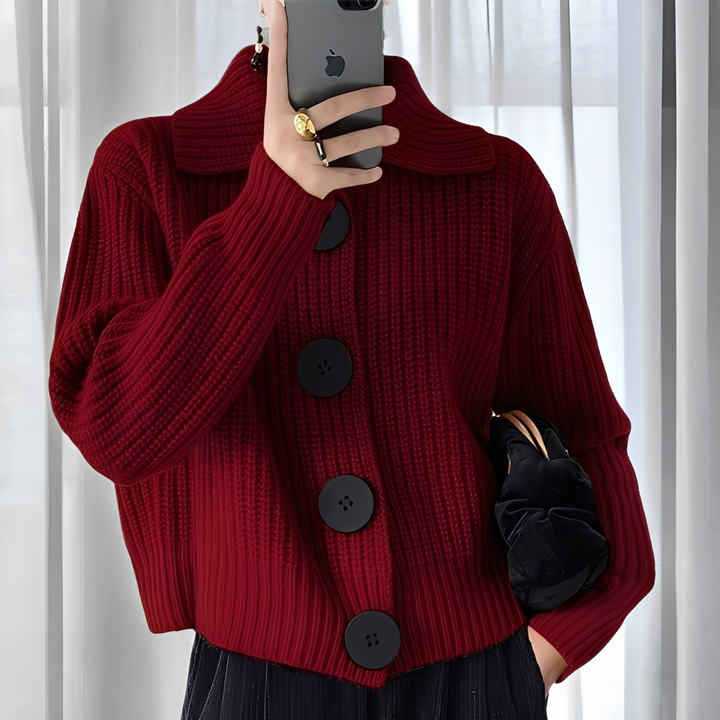 Mara - Cárdigan Moderno con Botones – Suave Estructura de Tejido con Cuello