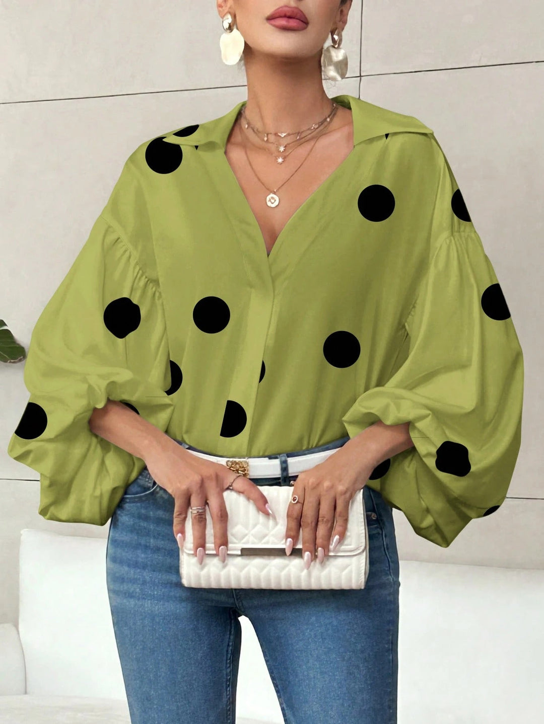 Carrie - Blusa elegante de estilo coreano con mangas abullonadas y gran estampado de lunares