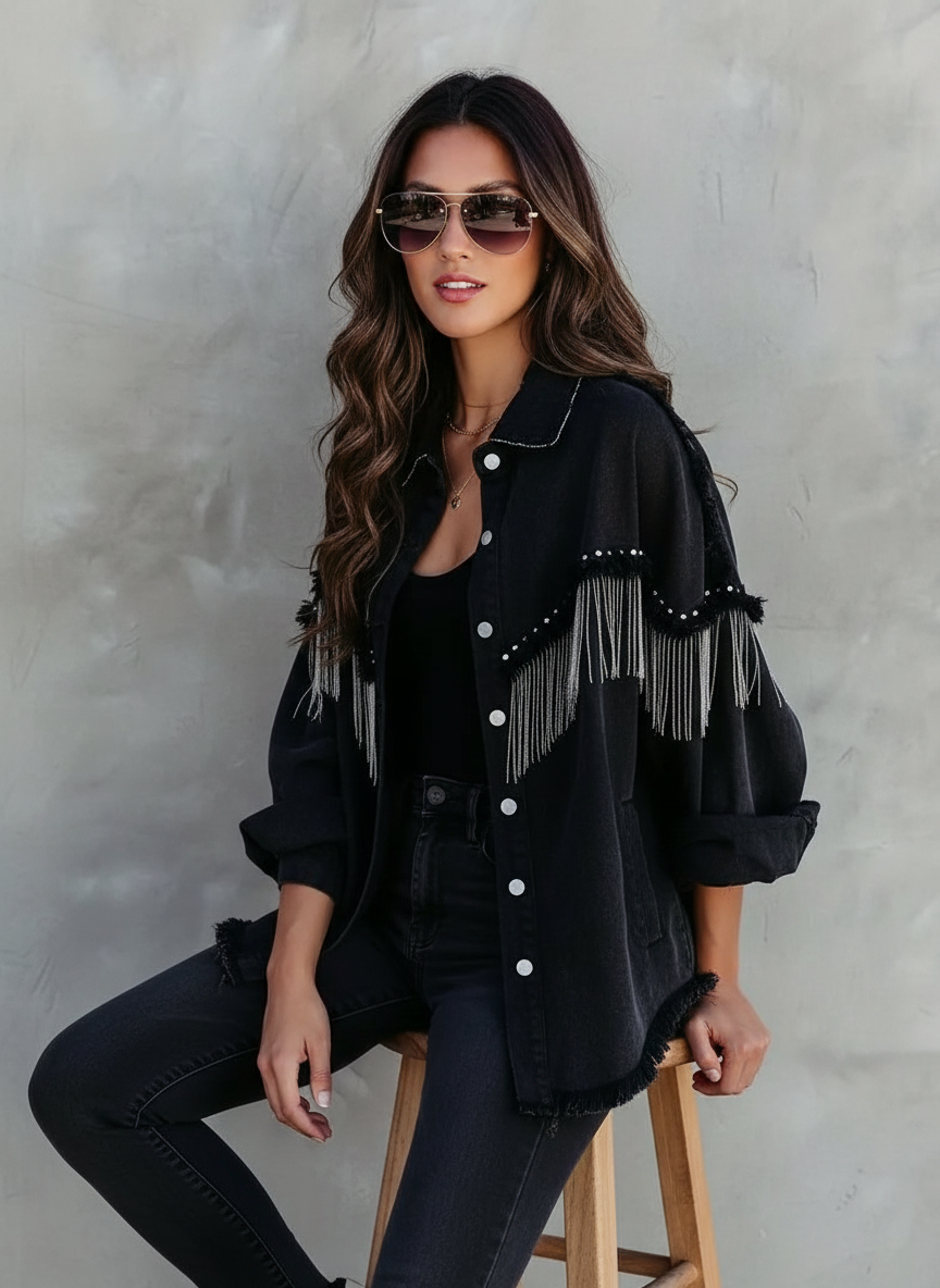Avis | Chaqueta de mezclilla para mujer estilo western con flecos y tachuelas, diseño llamativo y moderno
