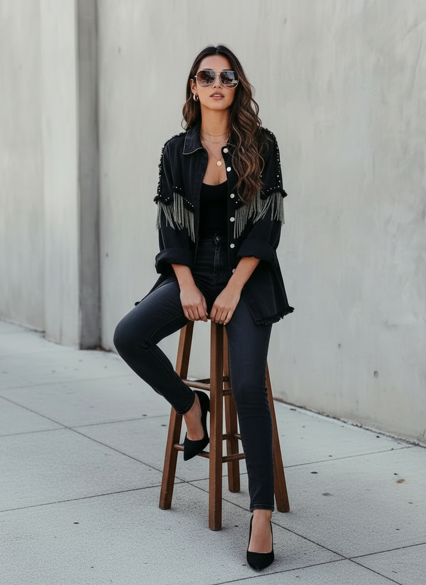 Avis | Chaqueta de mezclilla para mujer estilo western con flecos y tachuelas, diseño llamativo y moderno