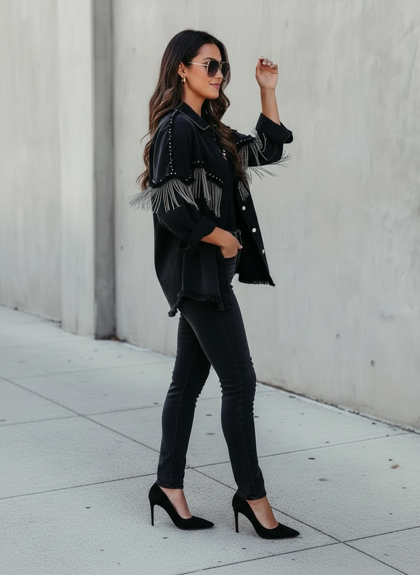 Avis | Chaqueta de mezclilla para mujer estilo western con flecos y tachuelas, diseño llamativo y moderno