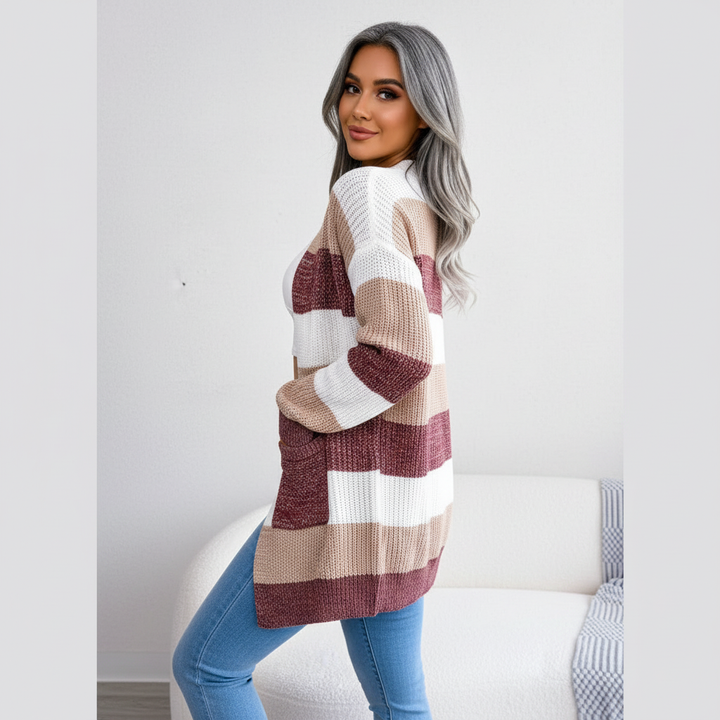 Susanna | Cárdigan de mujer de punto grueso, a rayas, con bolsillos, diseño cómodo y estiloso