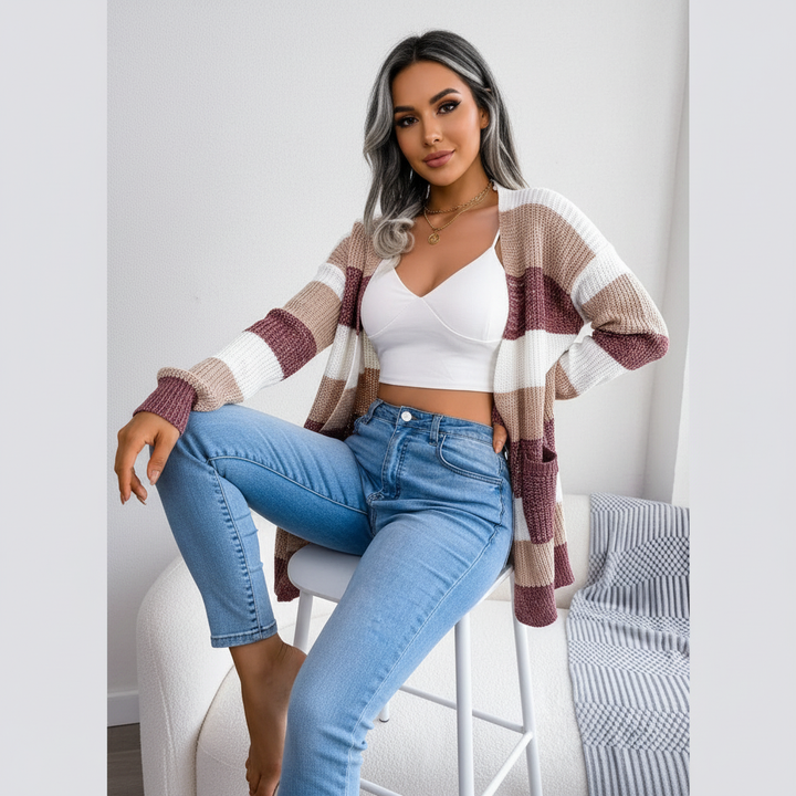 Susanna | Cárdigan de mujer de punto grueso, a rayas, con bolsillos, diseño cómodo y estiloso
