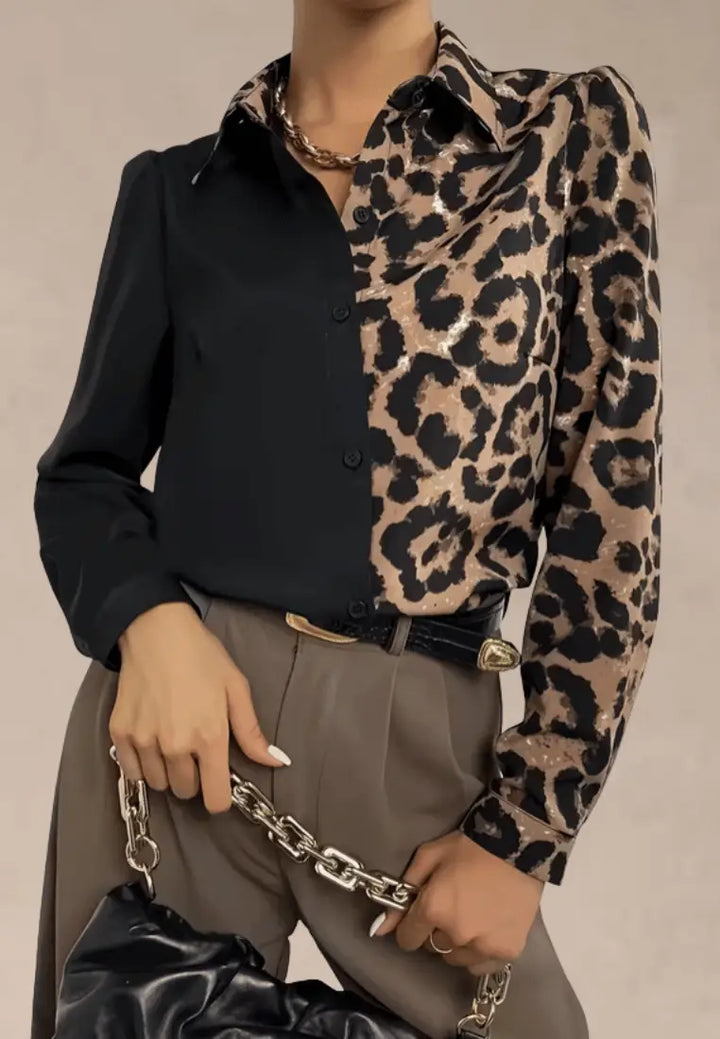 Dalilah - Camisa negra de mujer con estampado de leopardo y manga larga