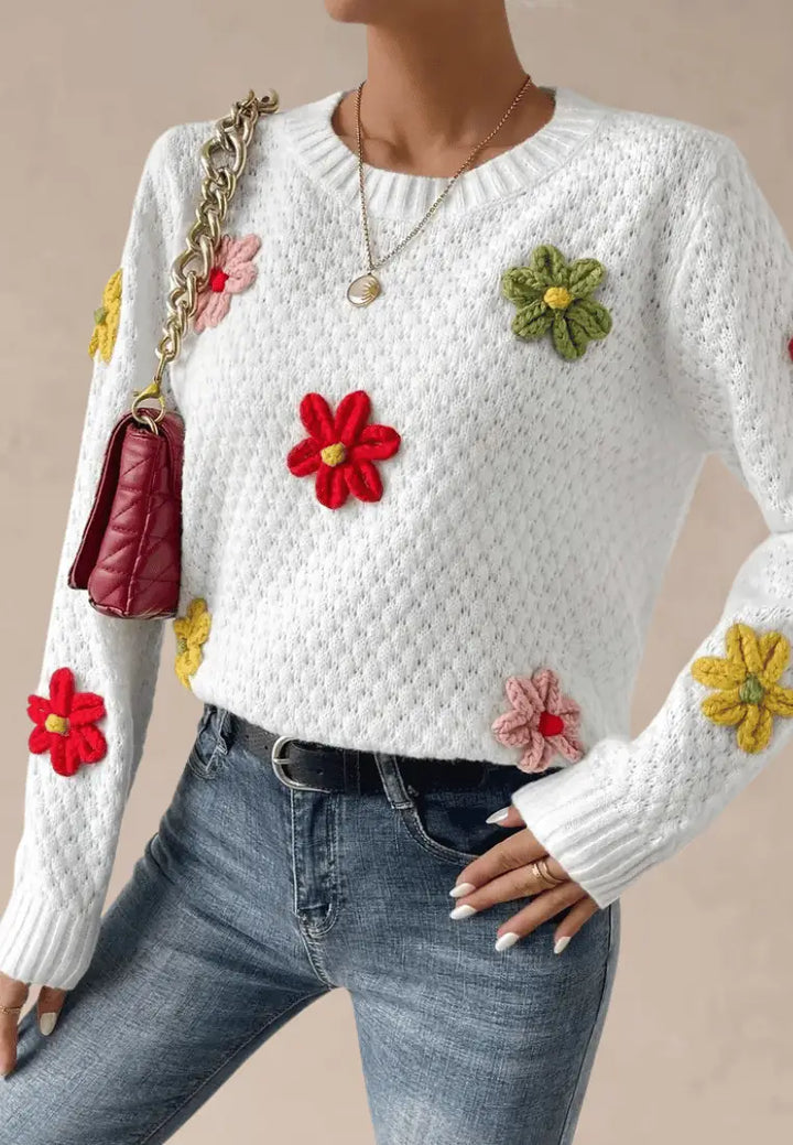 Laura | Suéter blanco para mujer con flores de colores en 3D