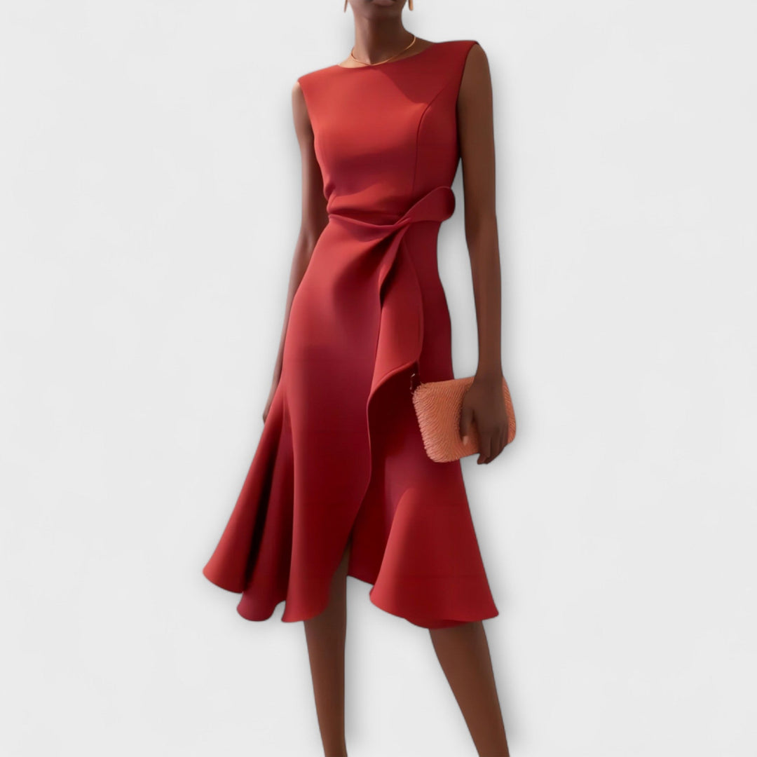 McKenna | Vestido midi femenino con drapeado y corte asimétrico