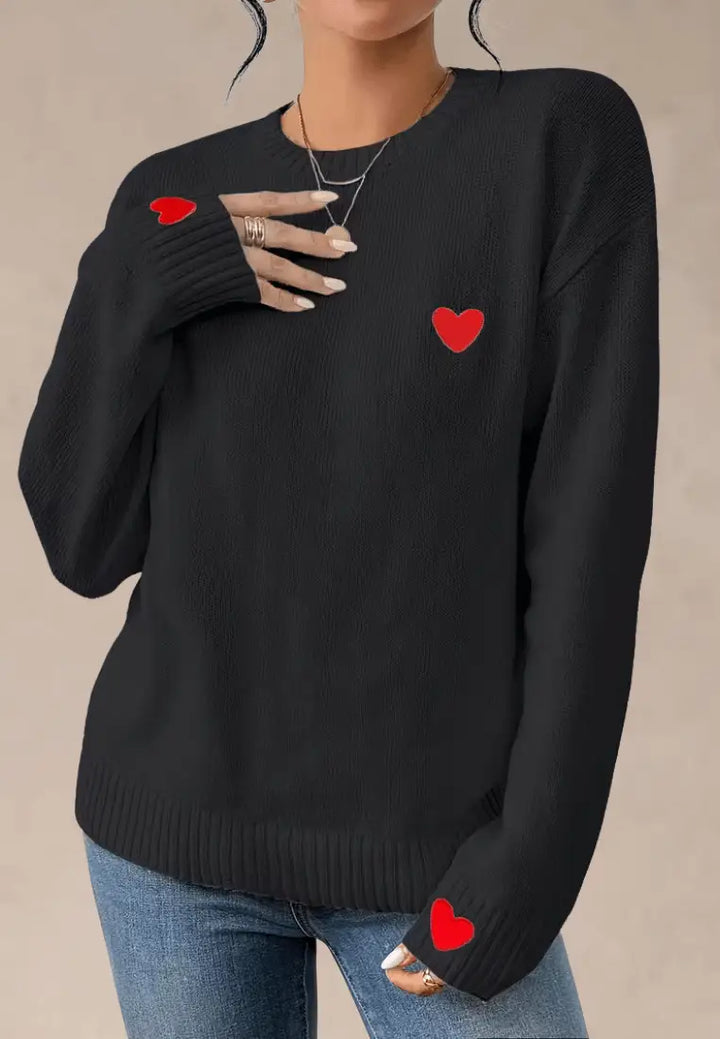 Caden - Suéter negro para mujer con corazones rojos en el pecho y las mangas