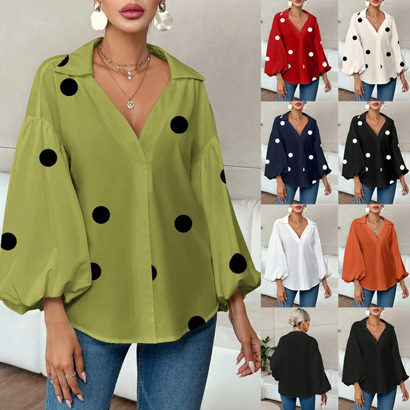 Carrie - Blusa elegante de estilo coreano con mangas abullonadas y gran estampado de lunares