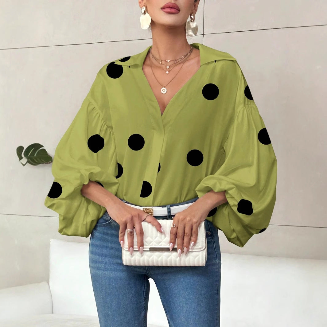 Carrie - Blusa elegante de estilo coreano con mangas abullonadas y gran estampado de lunares