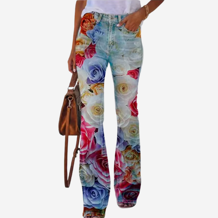 Oliwia - Pantalones de campana modernos con patrones florales y artísticos únicos