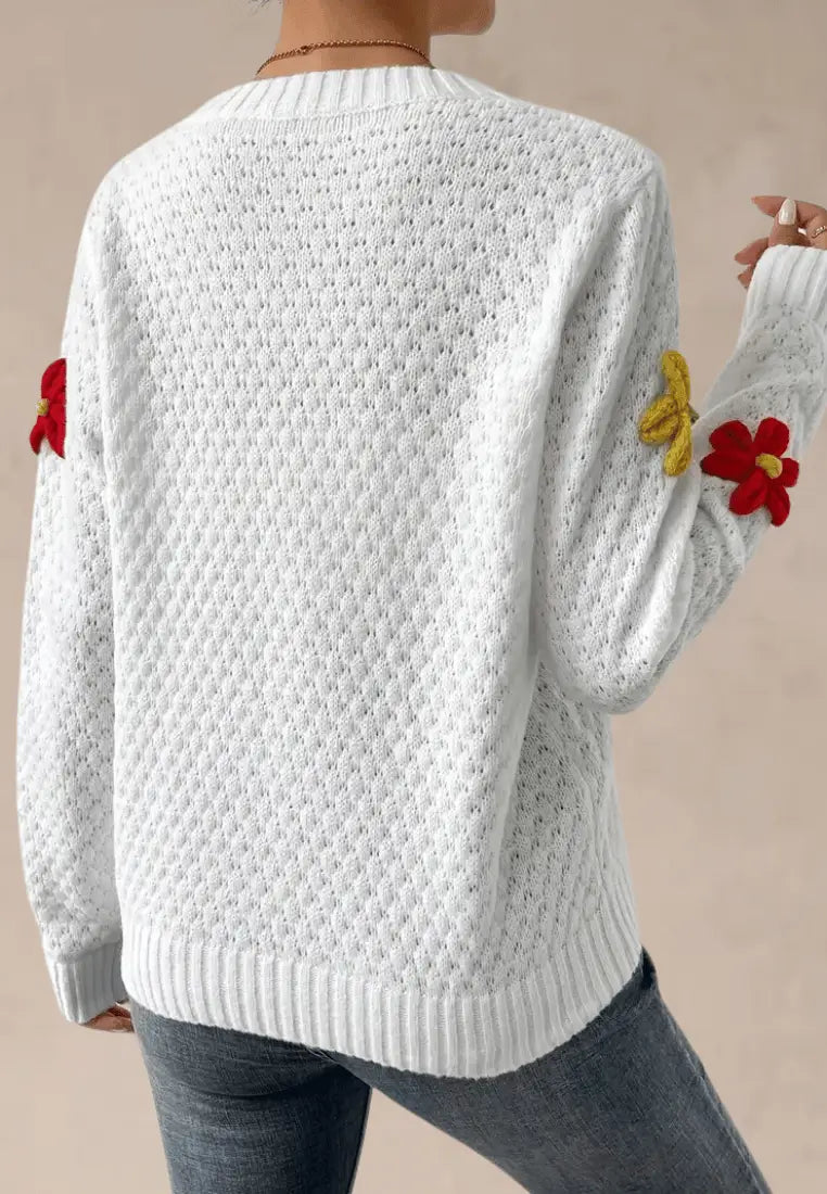 Laura | Suéter blanco para mujer con flores de colores en 3D