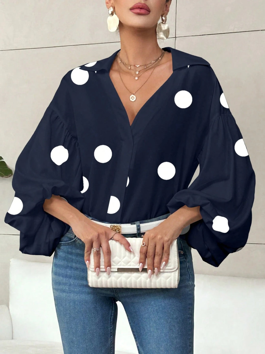 Carrie - Blusa elegante de estilo coreano con mangas abullonadas y gran estampado de lunares