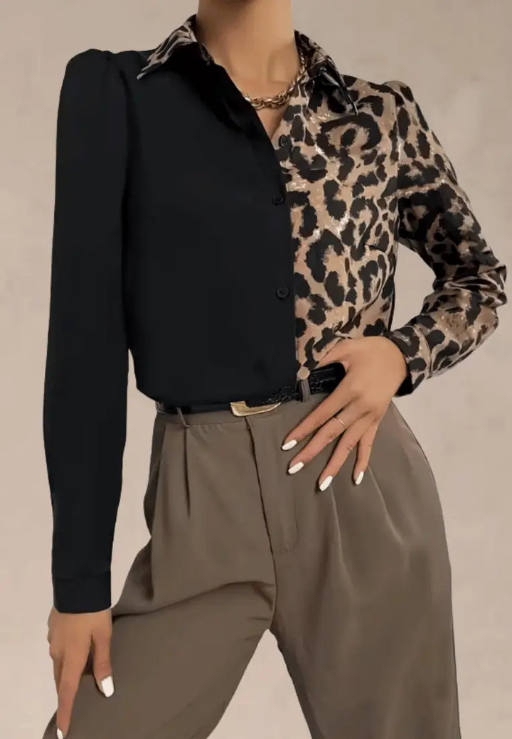 Dalilah - Camisa negra de mujer con estampado de leopardo y manga larga
