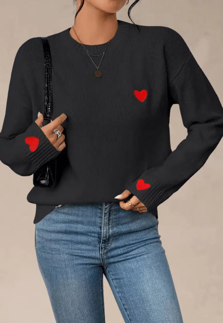 Caden - Suéter negro para mujer con corazones rojos en el pecho y las mangas