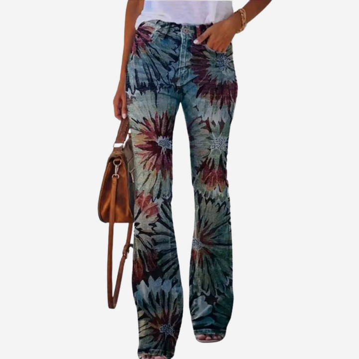Oliwia - Pantalones de campana modernos con patrones florales y artísticos únicos