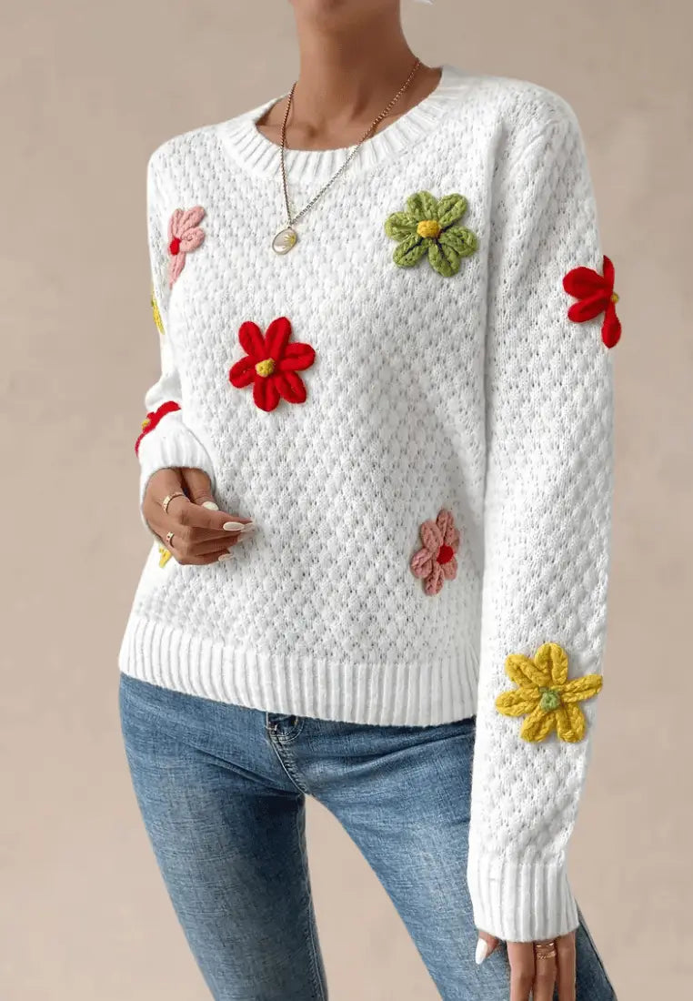 Laura | Suéter blanco para mujer con flores de colores en 3D
