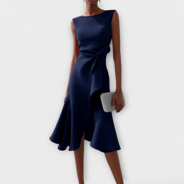 McKenna | Vestido midi femenino con drapeado y corte asimétrico