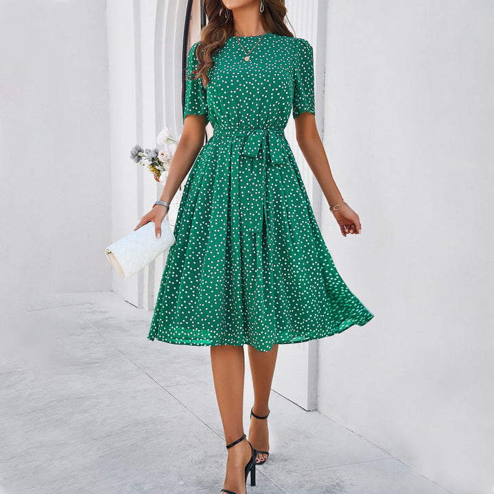 Ariella - Vestido midi de lunares con cinturón – vestido femenino de manga corta y falda acampanada