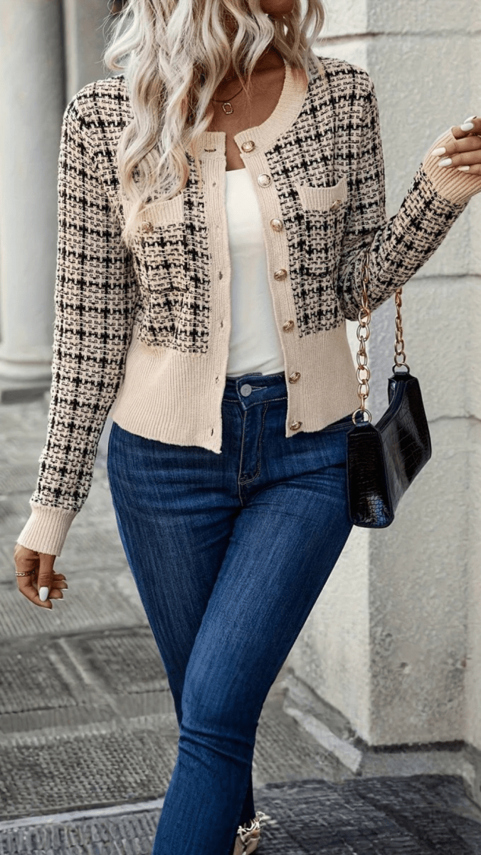 Marina | Cárdigan de punto para mujer con estampado de cuadros y botones