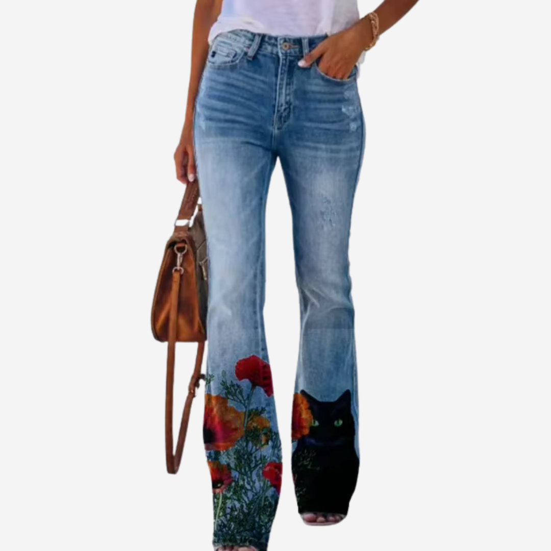Oliwia - Pantalones de campana modernos con patrones florales y artísticos únicos