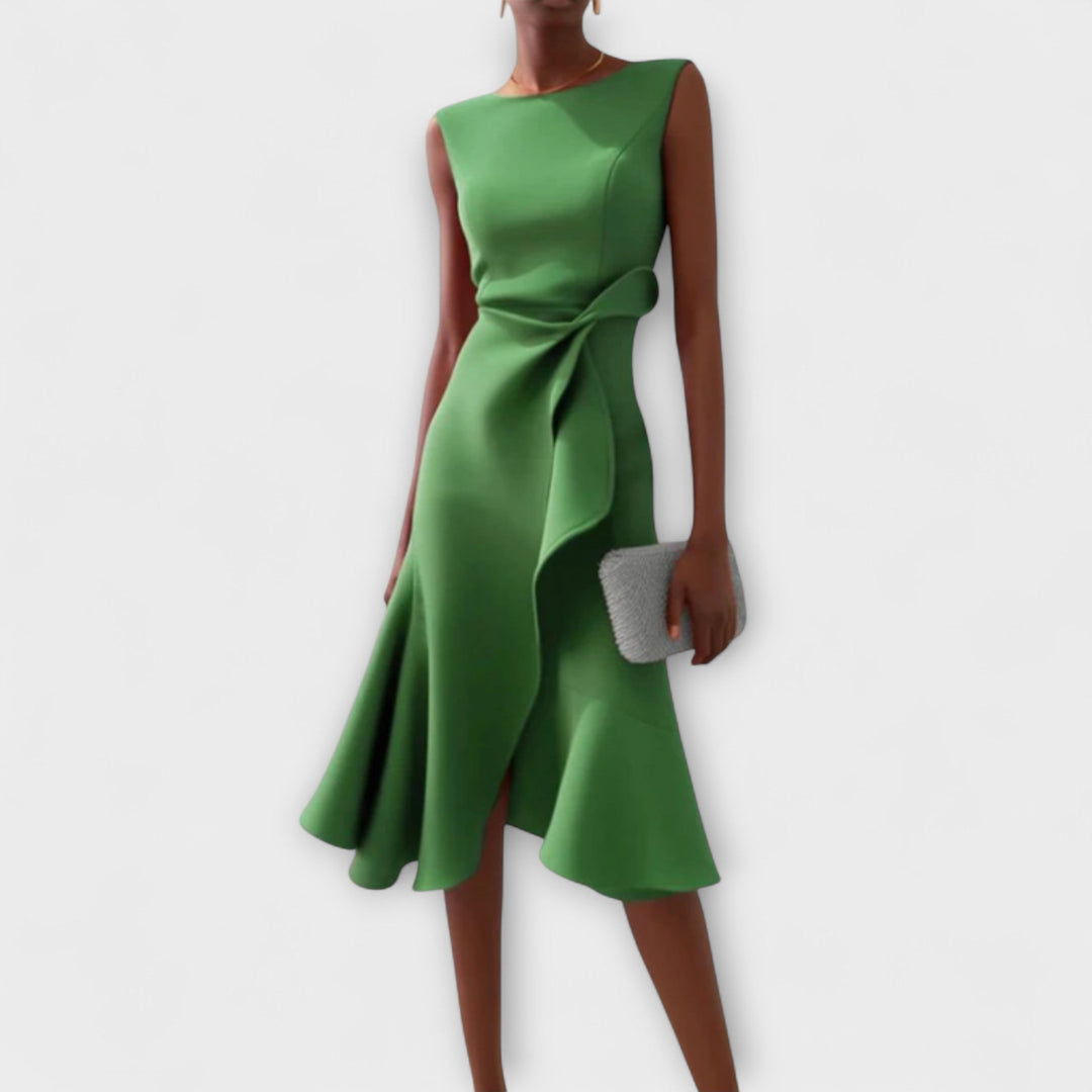 McKenna | Vestido midi femenino con drapeado y corte asimétrico