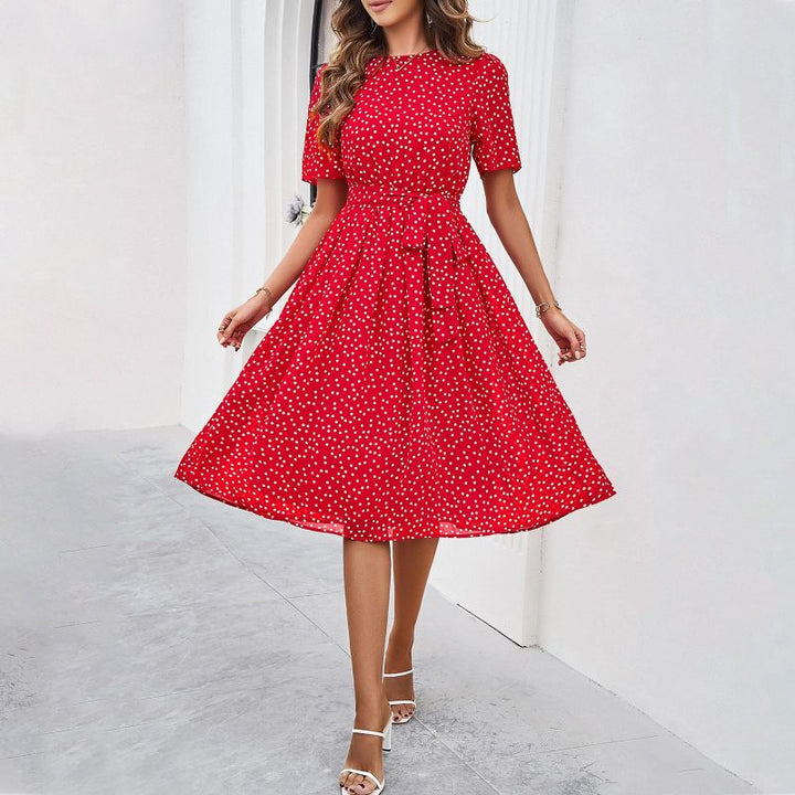 Ariella - Vestido midi de lunares con cinturón – vestido femenino de manga corta y falda acampanada