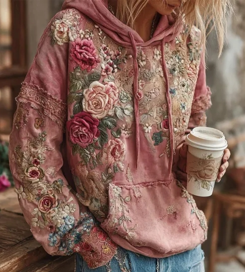 Pimiento - Suéter de mujer con capucha en estilo vintage barroco con estampado floral femenino