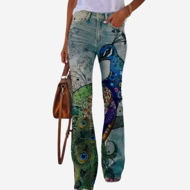 Oliwia - Pantalones de campana modernos con patrones florales y artísticos únicos