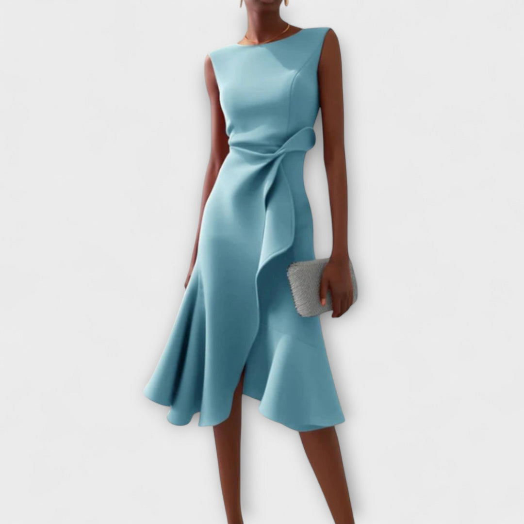 McKenna | Vestido midi femenino con drapeado y corte asimétrico