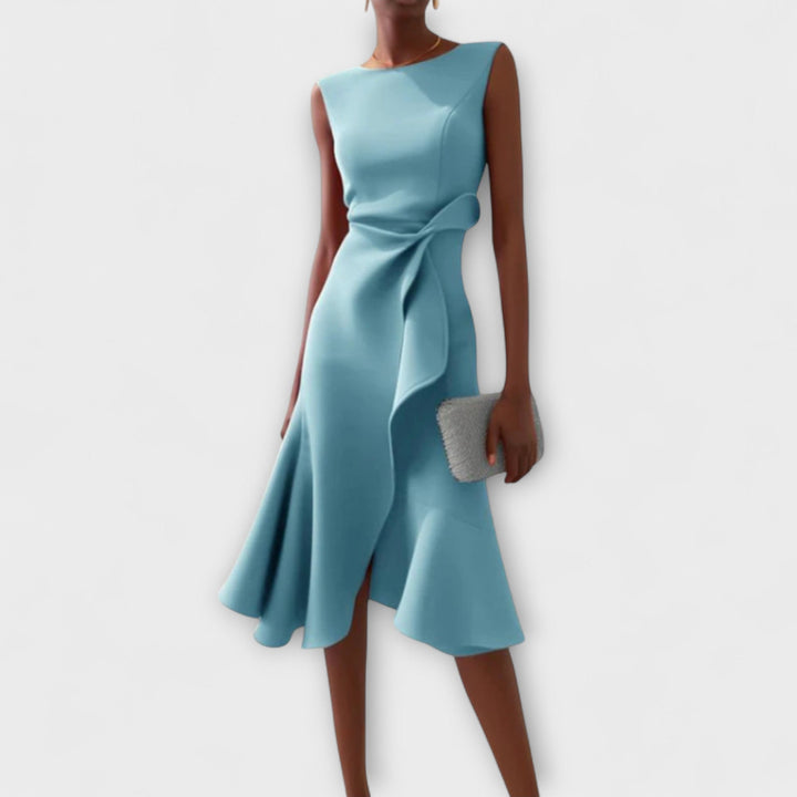 McKenna | Vestido midi femenino con drapeado y corte asimétrico