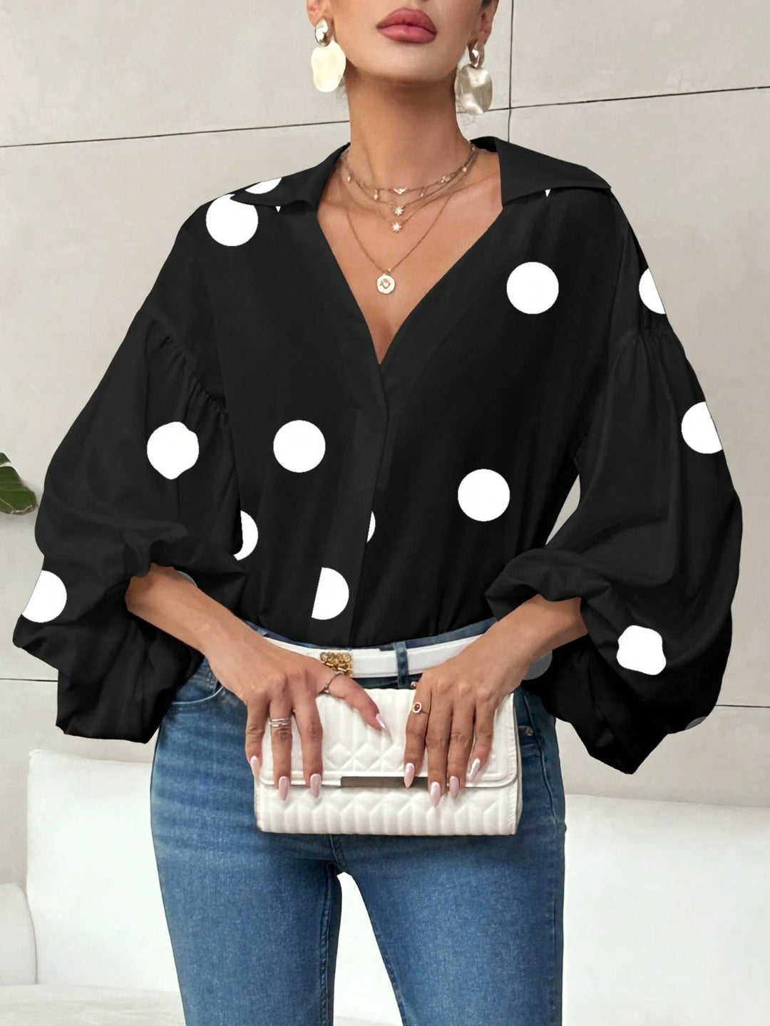 Carrie - Blusa elegante de estilo coreano con mangas abullonadas y gran estampado de lunares