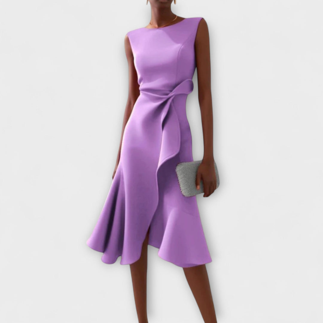 McKenna | Vestido midi femenino con drapeado y corte asimétrico