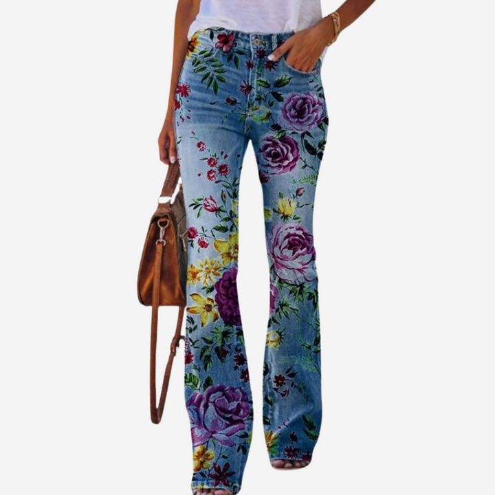 Oliwia - Pantalones de campana modernos con patrones florales y artísticos únicos