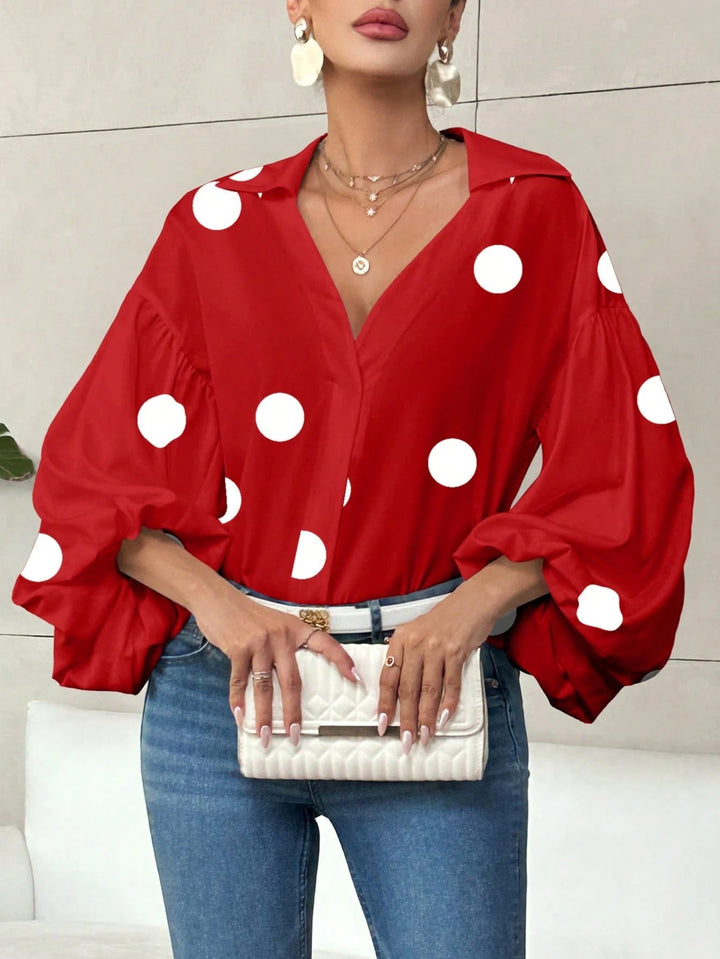 Carrie - Blusa elegante de estilo coreano con mangas abullonadas y gran estampado de lunares